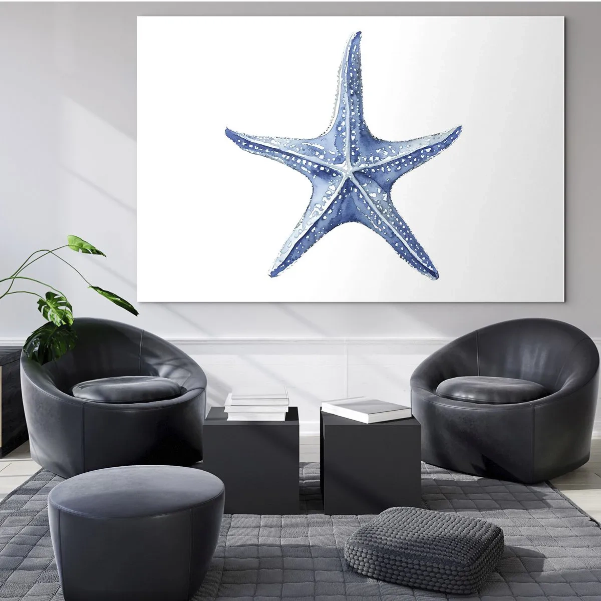 Schilderen op glas - Blauwe zeester op een witte achtergrond in aquarelstijl - 70x50cm - Ster van de zee - Moderne wanddecoratie voor woonkamer en slaapkamer ARTTOR