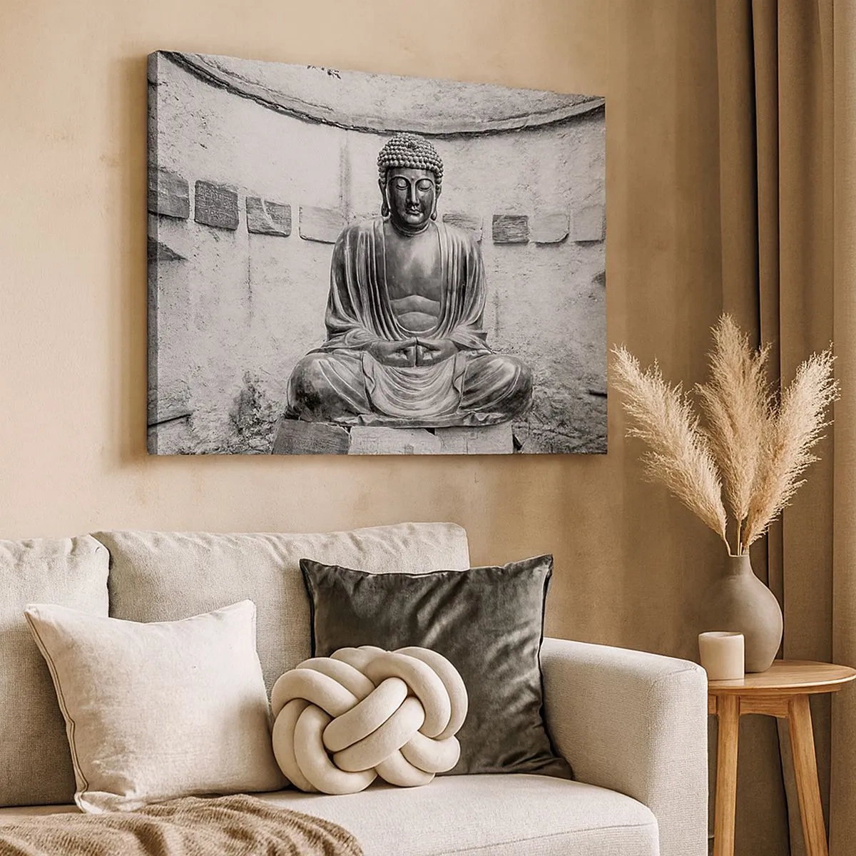 Schilderen op canvas - Zwart-wit Boeddhabeeld in een meditatieve houding - 70x50cm - Aan de bron van vrede - Moderne wanddecoratie voor woonkamer en slaapkamer ARTTOR