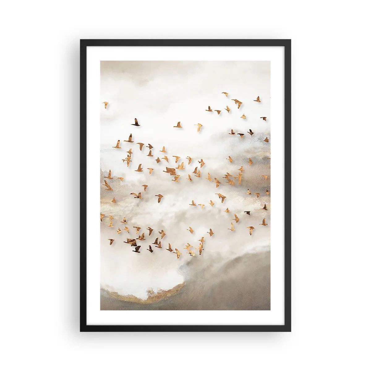 Poster in een zwarte lijst - Een zwerm vogels die tussen de mistige wolken zweeft - 50x70cm - Het is tijd… - Moderne wanddecoratie voor woonkamer en slaapkamer ARTTOR