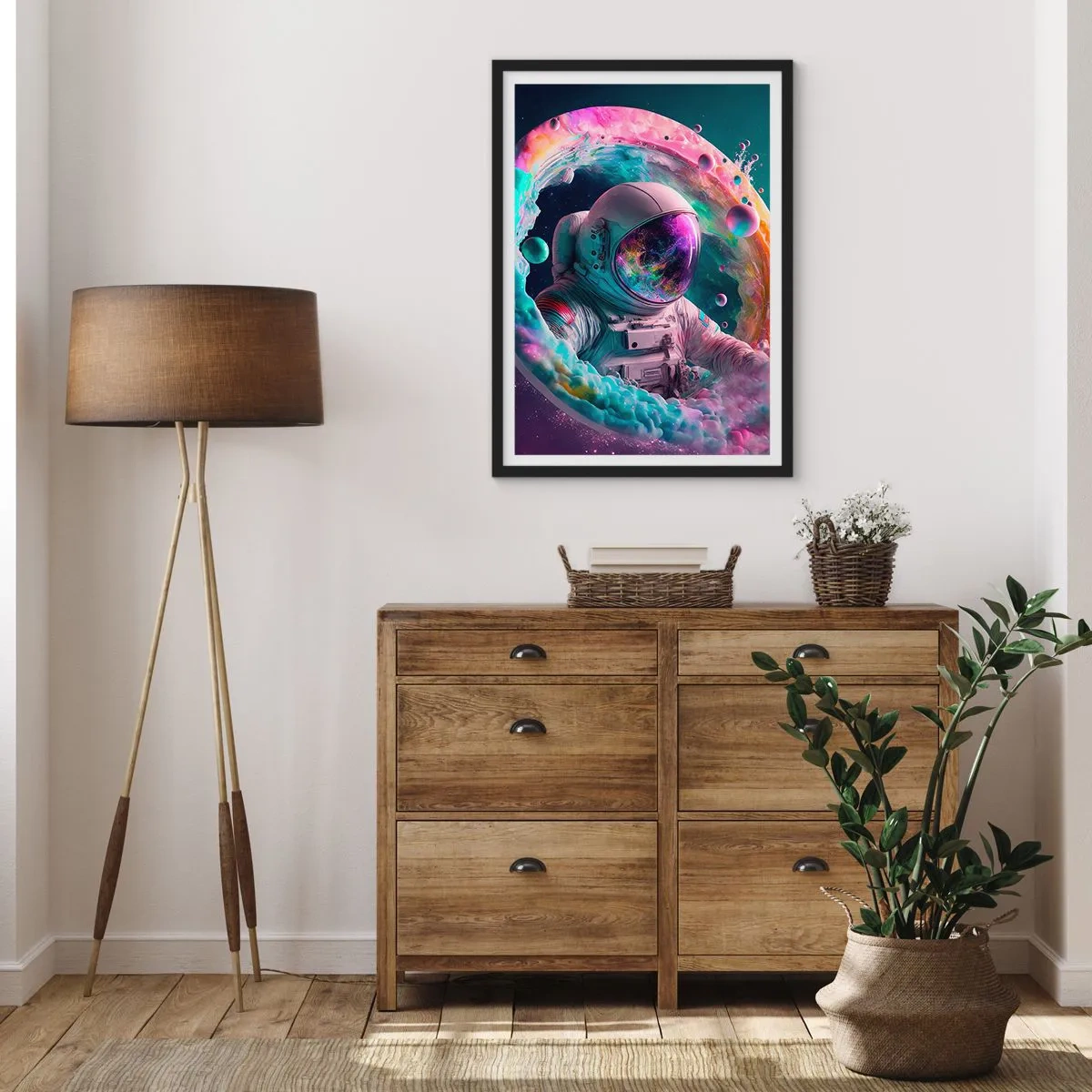 Poster in een zwarte lijst - Astronaut in een ruimteomgeving vol kleurrijke nevels - 50x70cm - Sterrenpoort - Moderne wanddecoratie voor woonkamer en slaapkamer ARTTOR