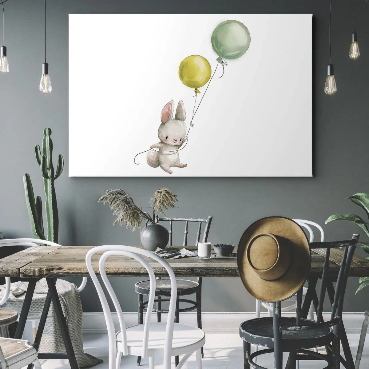 Schilderen op canvas - Een konijn met pastelkleurige ballonnen - 70x50cm - Ik ga ook vliegen! - Moderne wanddecoratie voor woonkamer en slaapkamer ARTTOR