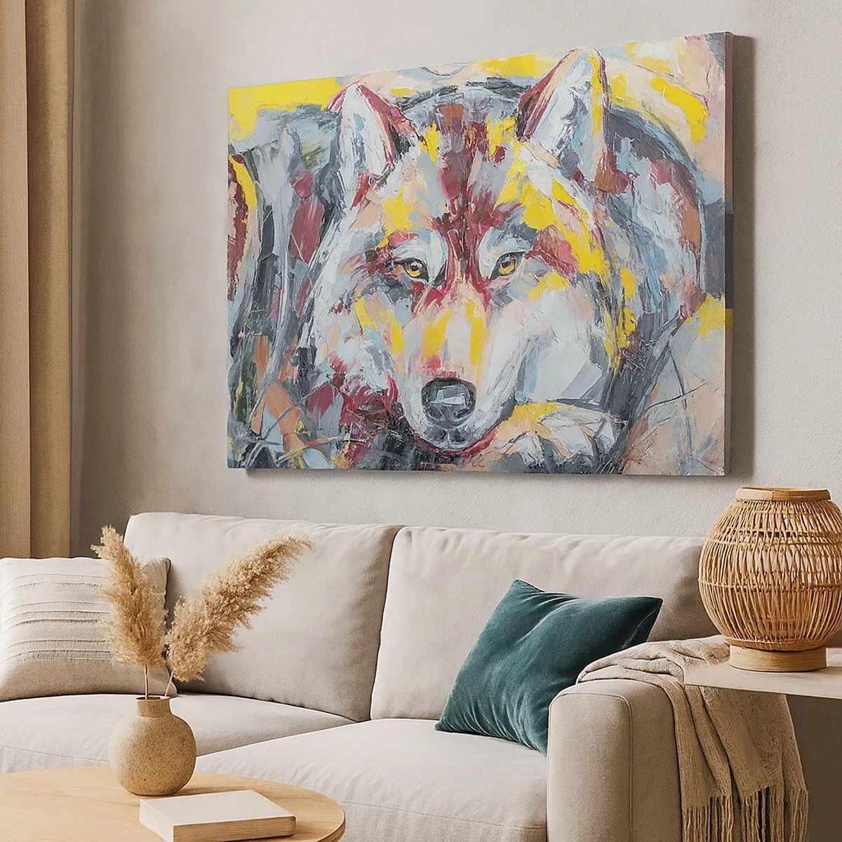 Schilderen op canvas - Artistiek portret van een wolf in intense kleuren - 70x50cm - Gemoedsrust onder dierbaren - Moderne wanddecoratie voor woonkamer en slaapkamer ARTTOR