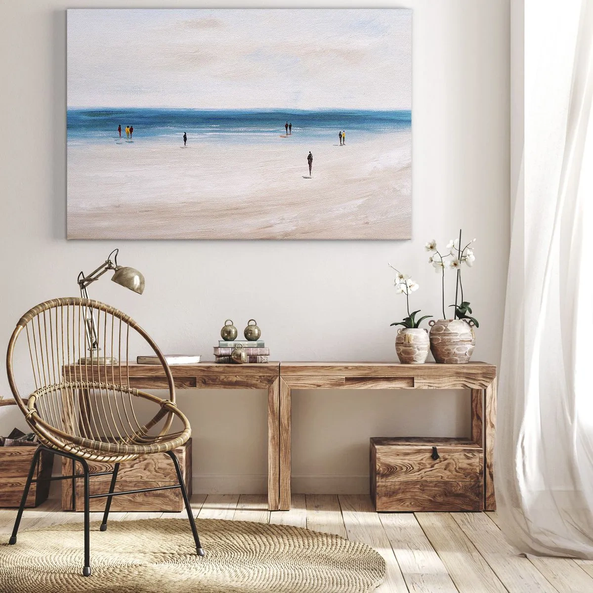 Schilderen op canvas - Een strand met mensen tegen de achtergrond van een kalme zee - 70x50cm - Een natuurlijke behoefte - Moderne wanddecoratie voor woonkamer en slaapkamer ARTTOR