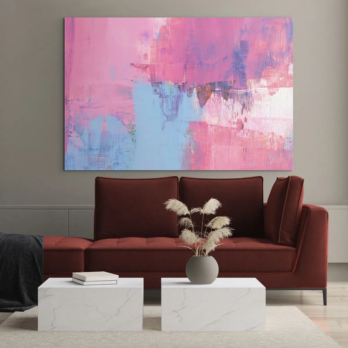 Schilderen op glas - Energieke abstractie in tinten roze en blauw - 70x50cm - Roze, blauw en een vleugje licht - Moderne wanddecoratie voor woonkamer en slaapkamer ARTTOR