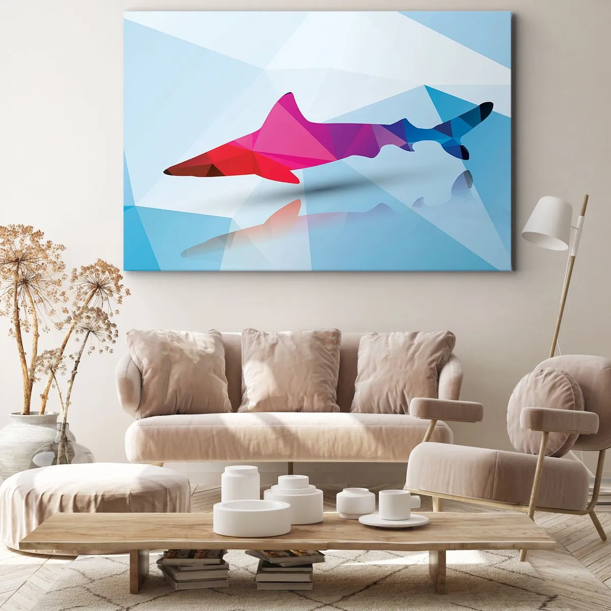 Schilderen op canvas - Geometrisch haaiensilhouet in tinten roze en blauw - 70x50cm - Een haai in een kristallen ruimte - Moderne wanddecoratie voor woonkamer en slaapkamer ARTTOR