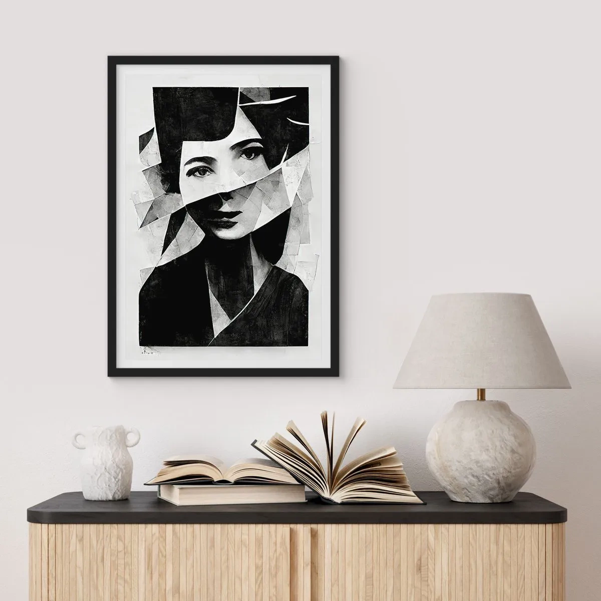 Poster in een zwarte lijst - Portret van een vrouw in een abstracte compositie - 50x70cm - Echt wat je bent... - Moderne wanddecoratie voor woonkamer en slaapkamer ARTTOR