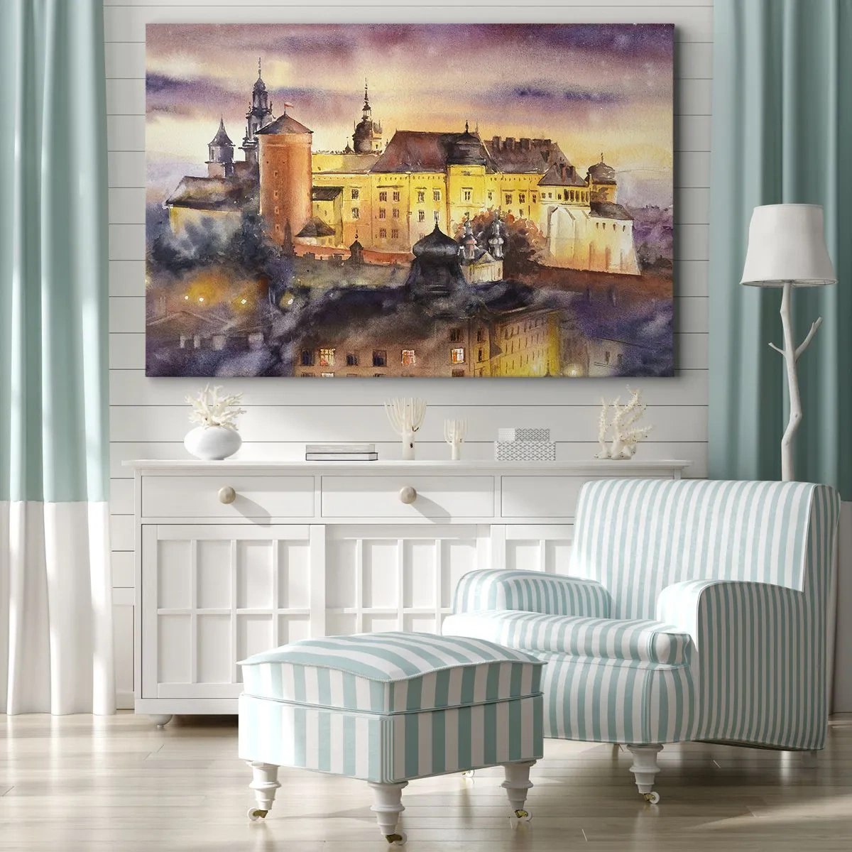 Schilderen op canvas - Een schilderachtig aquarelschilderij van een kasteel bij zonsondergang - 70x50cm - Geschiedenis en sprookje - Moderne wanddecoratie voor woonkamer en slaapkamer ARTTOR