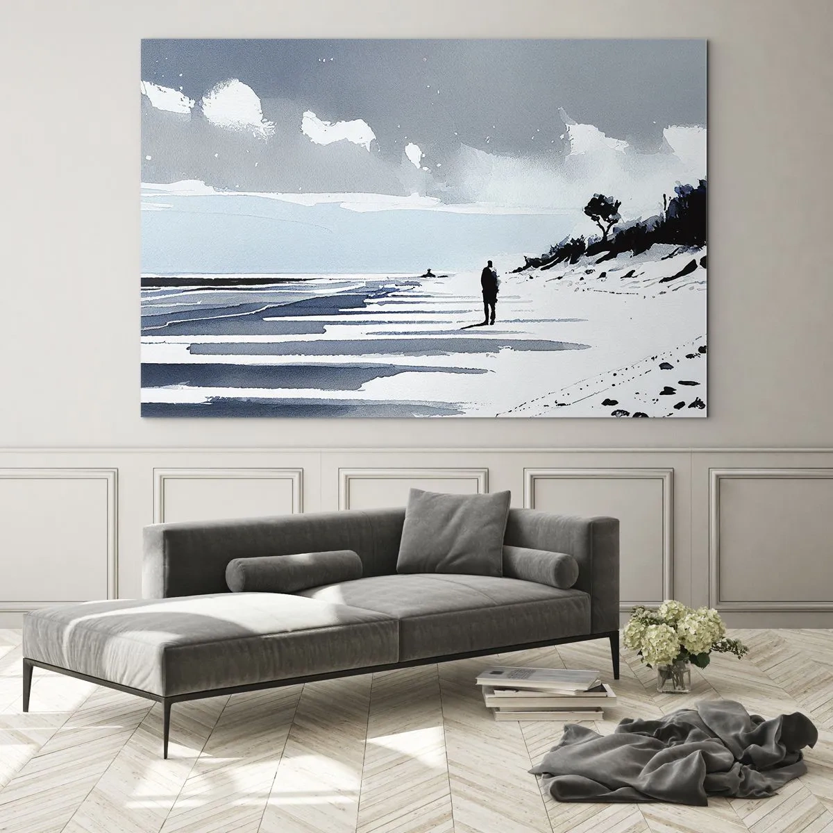 Schilderen op glas - Silhouet van een eenzame persoon die op een leeg strand loopt - 70x50cm - Alleen - Moderne wanddecoratie voor woonkamer en slaapkamer ARTTOR