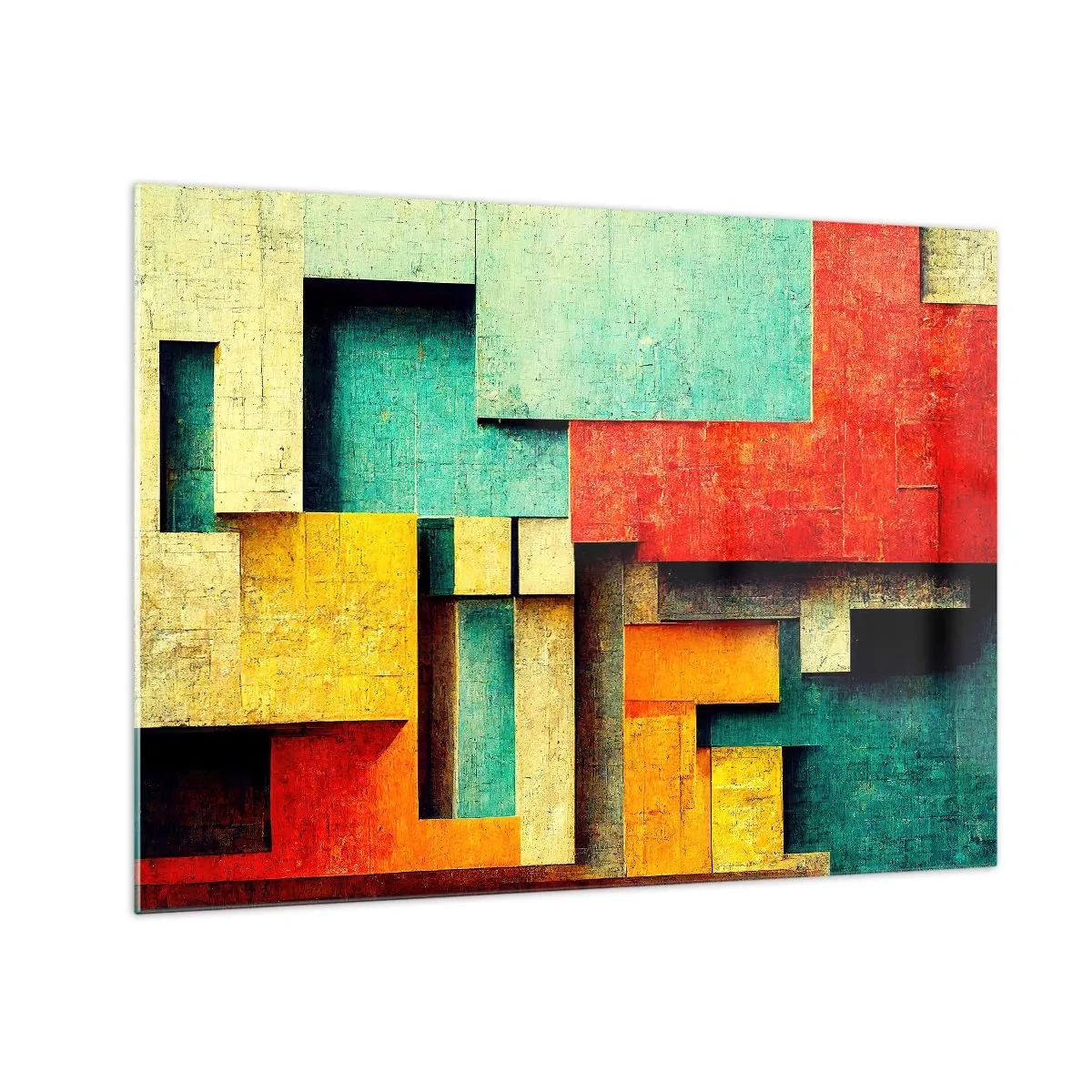 Schilderen op glas - Kleurrijke geometrische abstractie gemaakt van rechthoeken - 70x50cm - Festival van rechte hoeken - Moderne wanddecoratie voor woonkamer en slaapkamer ARTTOR