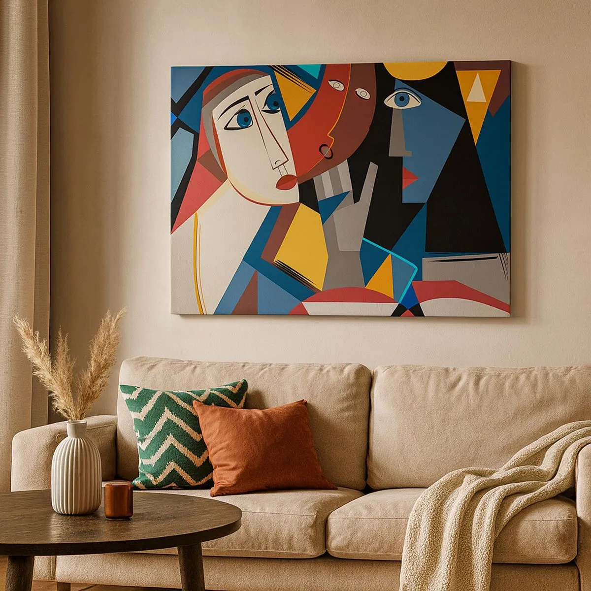 Schilderen op canvas - Kubistische gezichten in intense kleuren - 70x50cm - Een gesprek tussen kubisten - Moderne wanddecoratie voor woonkamer en slaapkamer ARTTOR