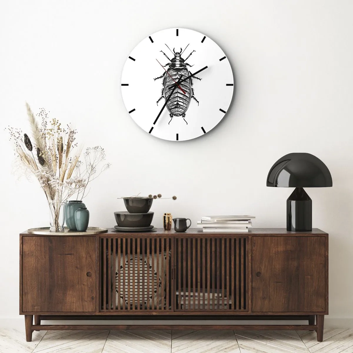 Wandklok - Klok - Een afbeelding van een insect in de stijl van een gravure op een witte achtergrond - 30x30cm - Wat een exemplaar! - Moderne wanddecoratie voor woonkamer, keuken en slaapkamer ARTTOR