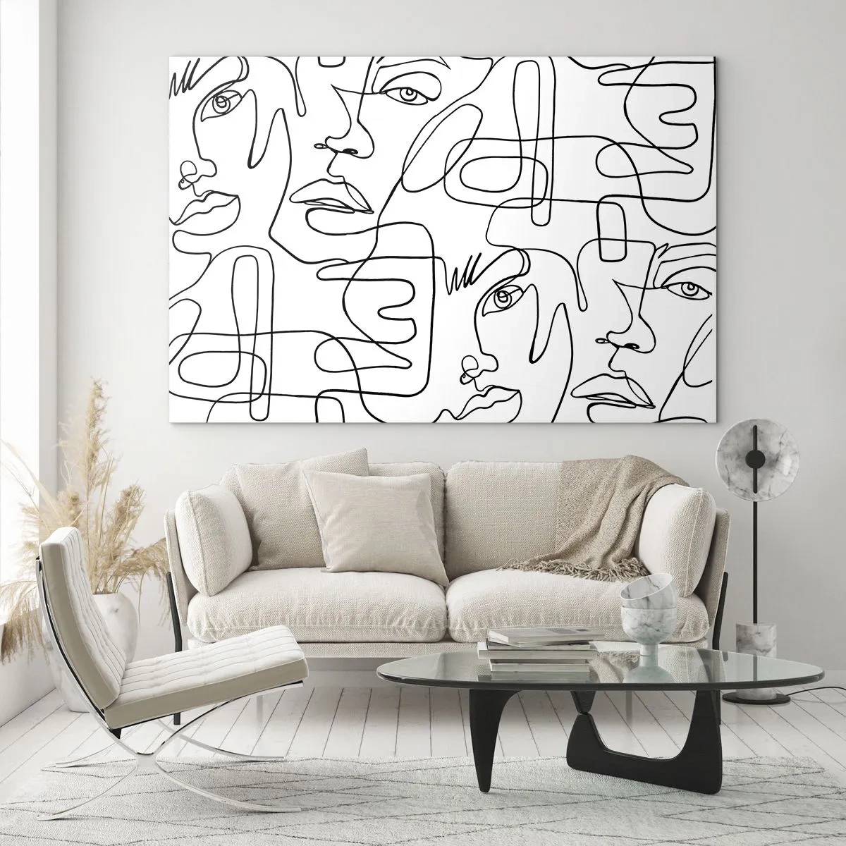 Schilderen op glas - Zwart-witte lijntekeningen van gezichten - 70x50cm - In verwarde emoties - Moderne wanddecoratie voor woonkamer en slaapkamer ARTTOR