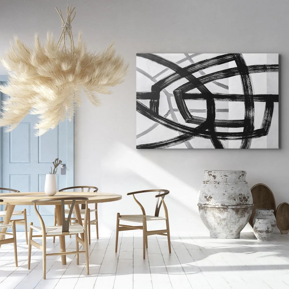 Schilderen op canvas - Zwart-witte abstracte lijnen die elkaar kruisen op een lichte achtergrond - 70x50cm - Diepte opbouwen - Moderne wanddecoratie voor woonkamer en slaapkamer ARTTOR