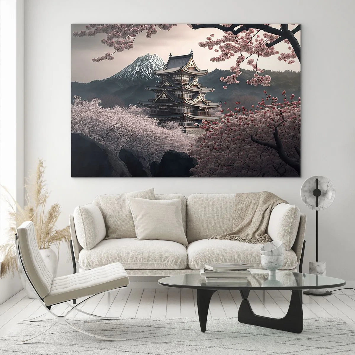 Schilderen op glas - Een traditionele Japanse pagode te midden van kersenbloesems en bergen - 70x50cm - Het land van de kersenbloesem - Moderne wanddecoratie voor woonkamer en slaapkamer ARTTOR