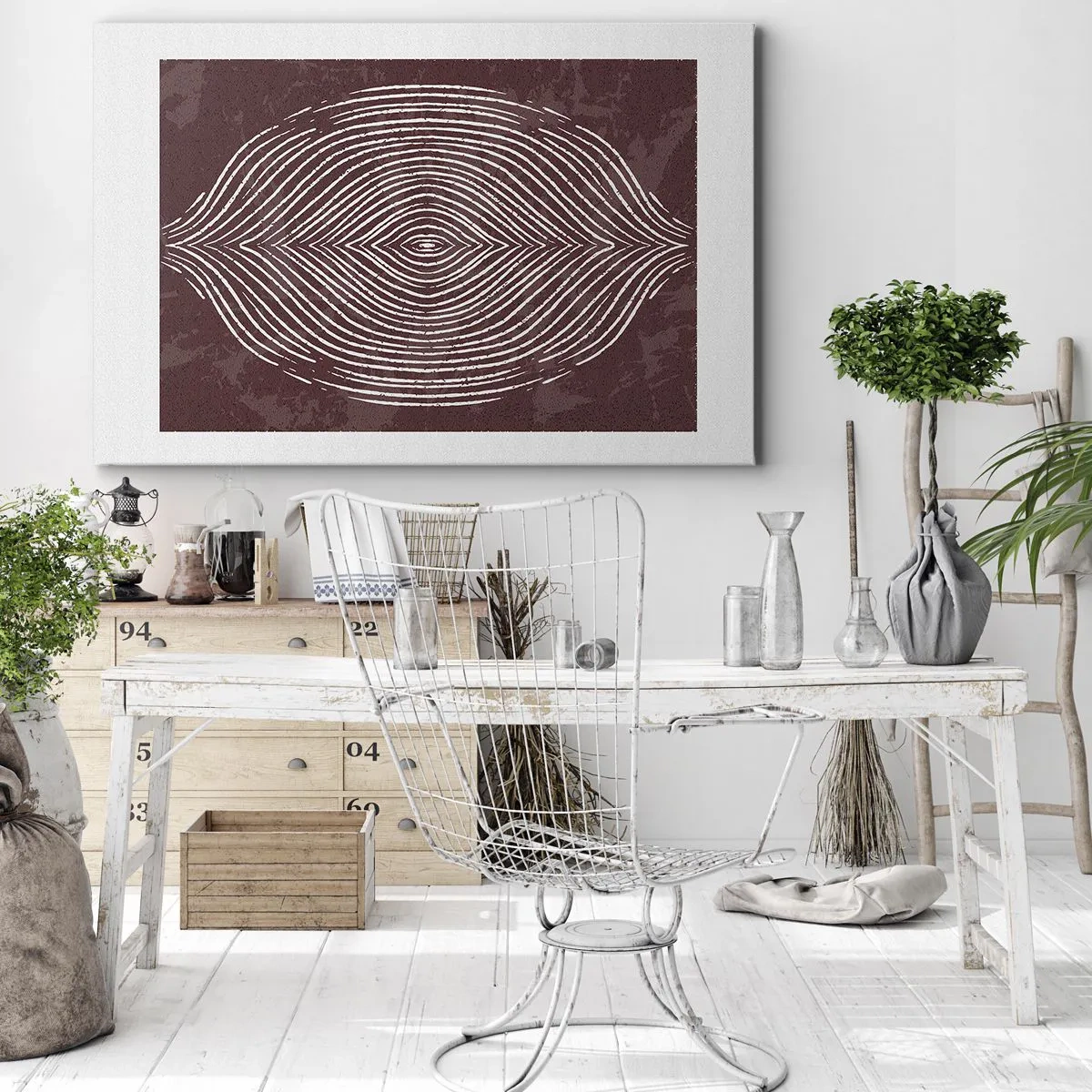 Schilderen op canvas - Symmetrische golven in witte lijnen op een bruine achtergrond - 70x50cm - De ruimte spreekt - Moderne wanddecoratie voor woonkamer en slaapkamer ARTTOR