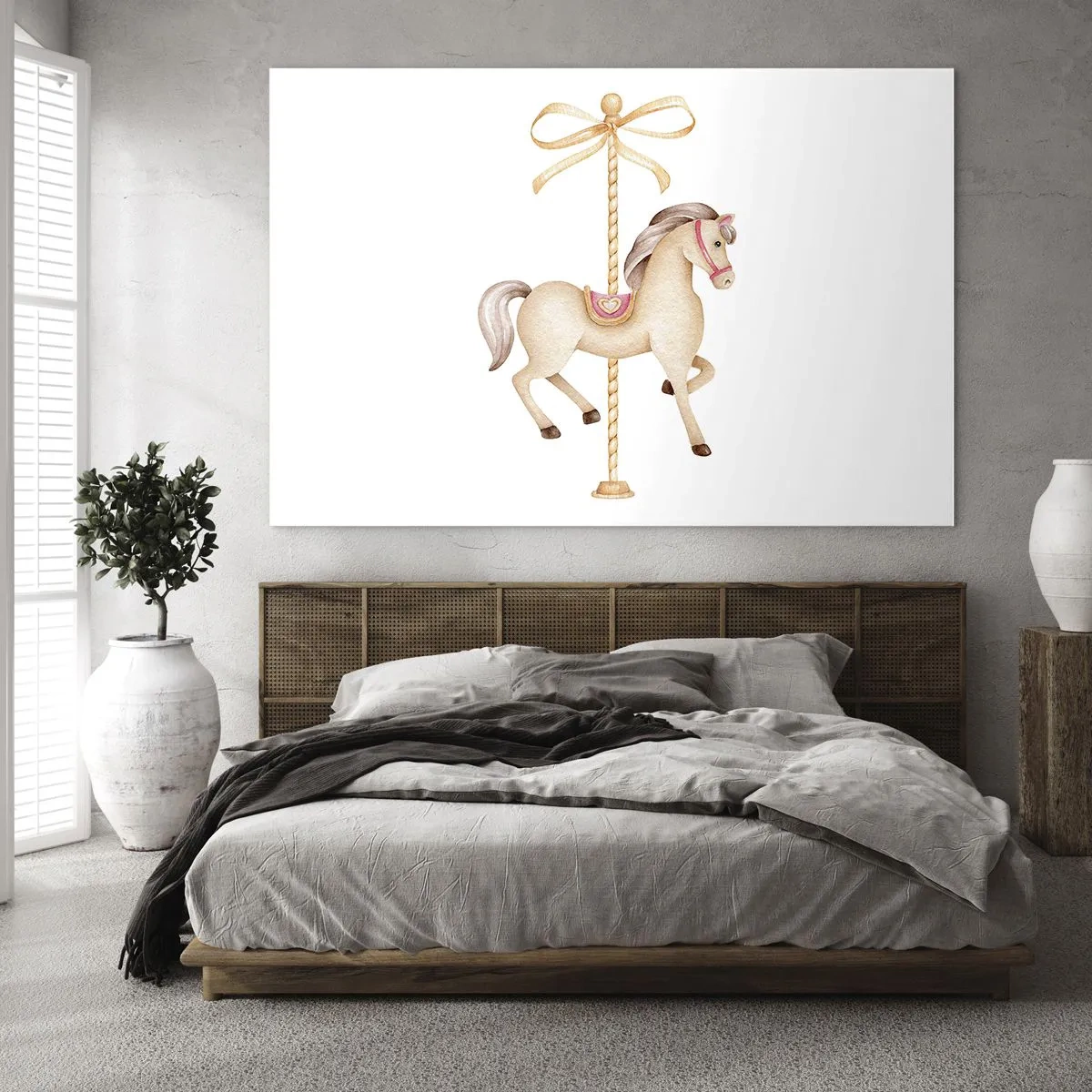 Schilderen op glas - Beige draaimolenpaard met strik op witte achtergrond - 70x50cm - Een sierlijke draf - Moderne wanddecoratie voor woonkamer en slaapkamer ARTTOR
