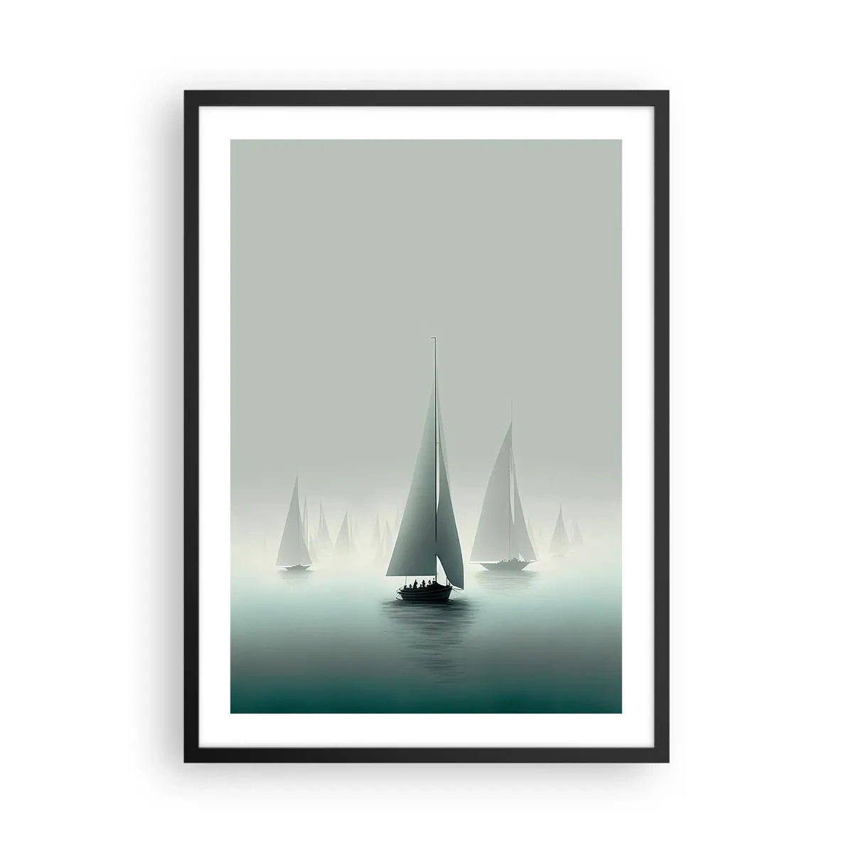 Poster in een zwarte lijst - Een groep zeilboten vaart op een mistige zee, omgeven door kalm water. - 50x70cm - Van mist gebouwd - Moderne wanddecoratie voor woonkamer en slaapkamer ARTTOR