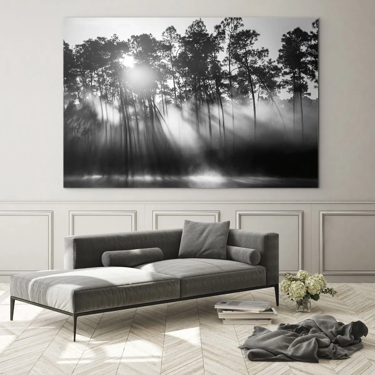 Schilderen op glas - Zwart-witte bomen in een bos met zonnestralen in de nevel - 70x50cm - Niet te stoppen zon - Moderne wanddecoratie voor woonkamer en slaapkamer ARTTOR