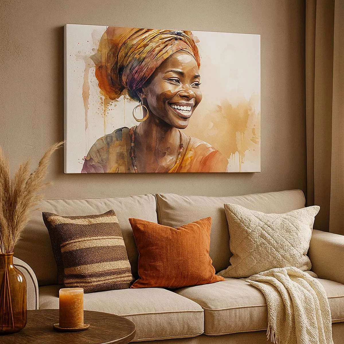 Schilderen op canvas - Portret van een lachende vrouw in een kleurrijke sjaal in waterverf - 70x50cm - Afrikaanse koningin - Moderne wanddecoratie voor woonkamer en slaapkamer ARTTOR