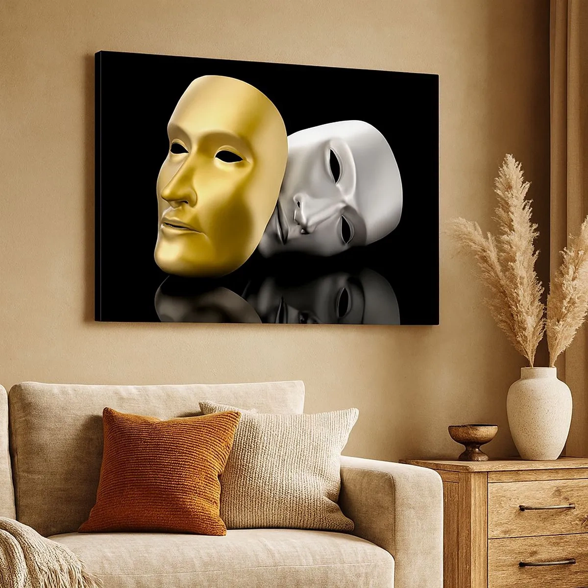 Schilderen op canvas - Goud en zilveren masker op een zwarte achtergrond - 70x50cm - Het leven is theater - Moderne wanddecoratie voor woonkamer en slaapkamer ARTTOR