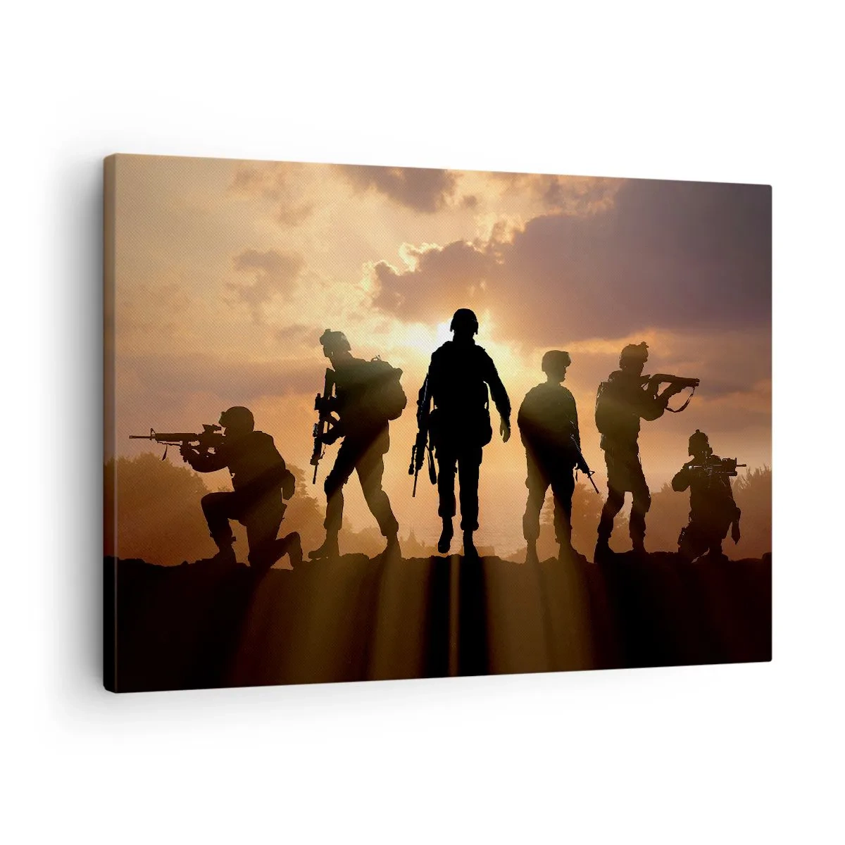 Schilderen op canvas - Soldaten tegen de achtergrond van de ondergaande zon in een dynamische omgeving - 70x50cm - Brothers in arms - Moderne wanddecoratie voor woonkamer en slaapkamer ARTTOR
