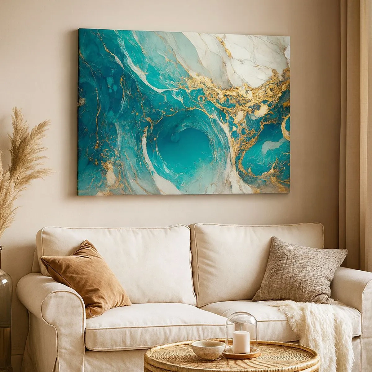 Schilderen op canvas - Een abstracte compositie in tinten turquoise en goud. - 70x50cm - Compositie met goudaders - Moderne wanddecoratie voor woonkamer en slaapkamer ARTTOR