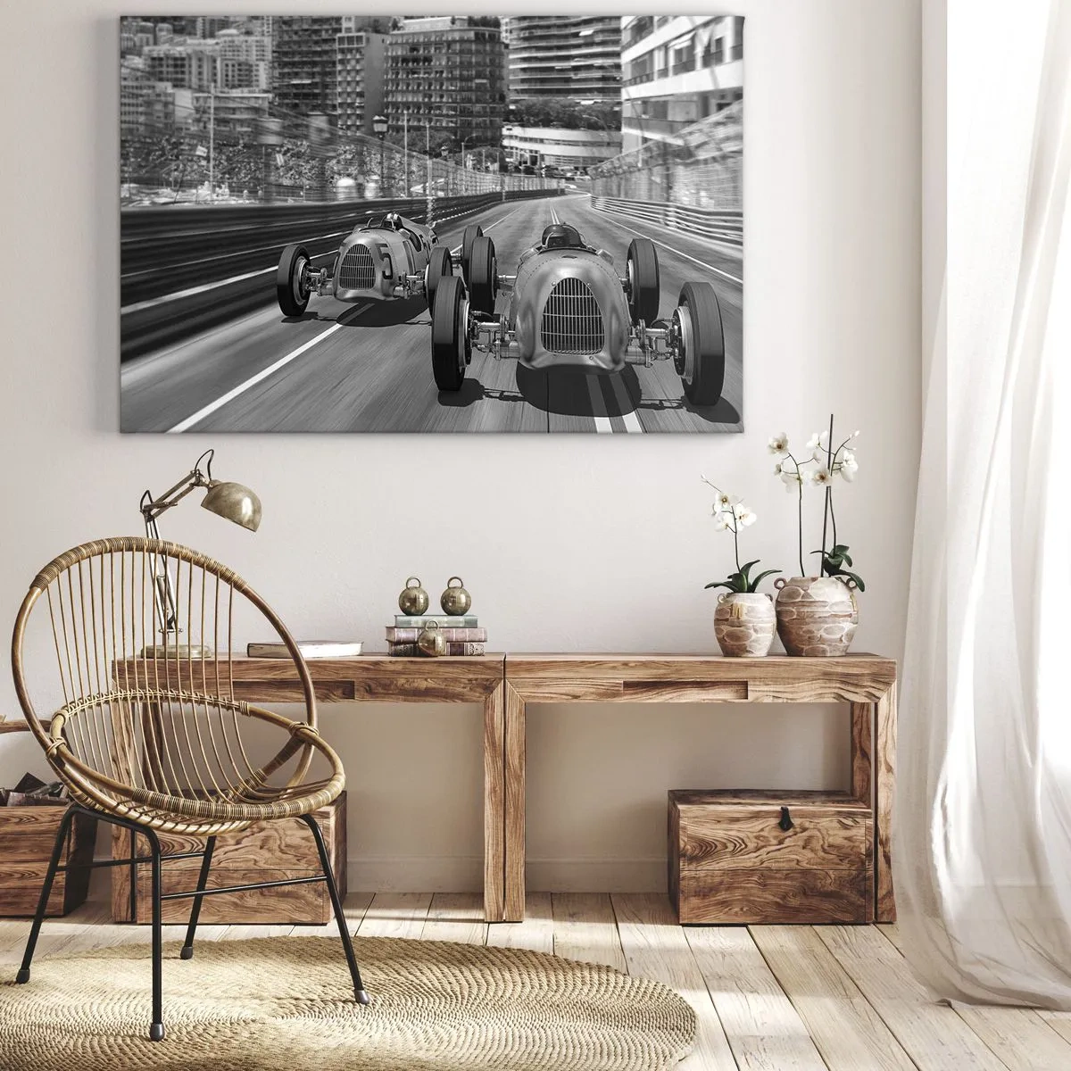 Schilderen op canvas - Monochrome retro-autoracescène - 70x50cm - Lang geleden in Monte Carlo - Moderne wanddecoratie voor woonkamer en slaapkamer ARTTOR