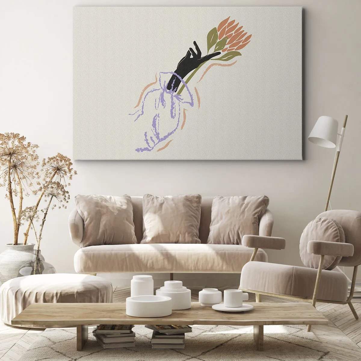 Schilderen op canvas - Een minimalistisch boeket bloemen in een delicate stijl - 70x50cm - Zusterlijke aanraking - Moderne wanddecoratie voor woonkamer en slaapkamer ARTTOR