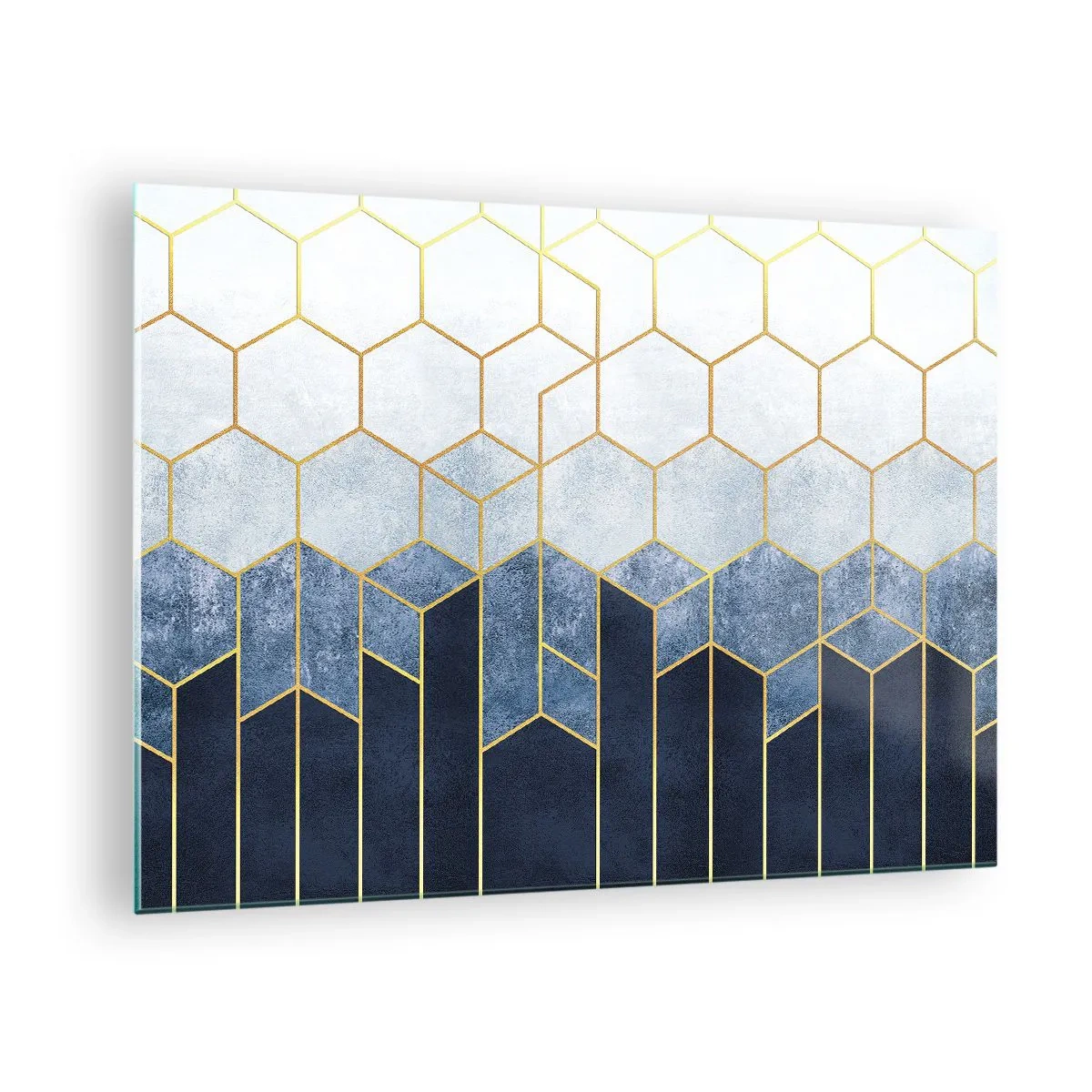Schilderen op glas - Geometrisch patroon in de kleuren goud en marineblauw - 70x50cm - Compositie in een gesyncopeerd ritme - Moderne wanddecoratie voor woonkamer en slaapkamer ARTTOR