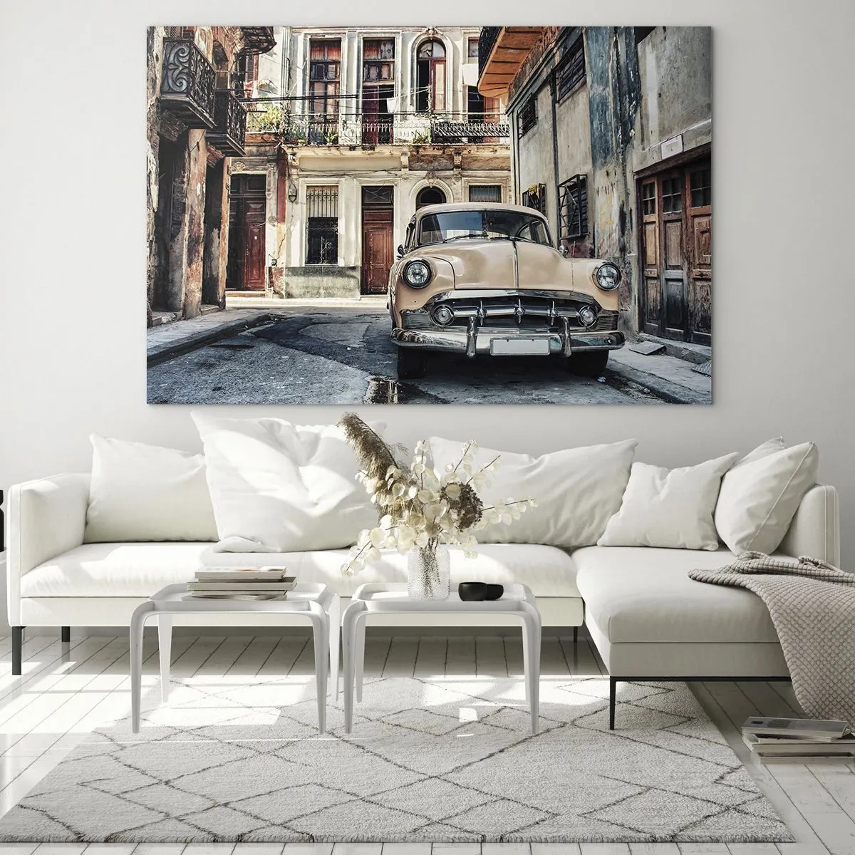 Schilderen op glas - Retro-auto op straat in de oude stad - 70x50cm - De siësta in Havana - Moderne wanddecoratie voor woonkamer en slaapkamer ARTTOR