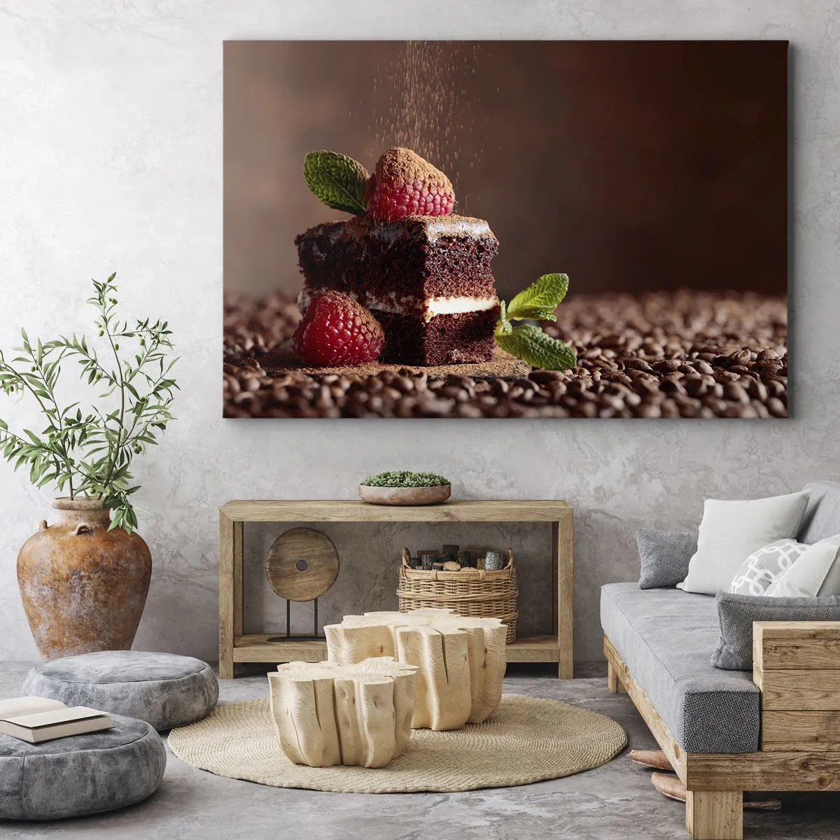 Schilderen op canvas - Chocoladetaart met frambozen en munt op een achtergrond van cacaobonen - 70x50cm - Het leven is zoet - Moderne wanddecoratie voor woonkamer en slaapkamer ARTTOR