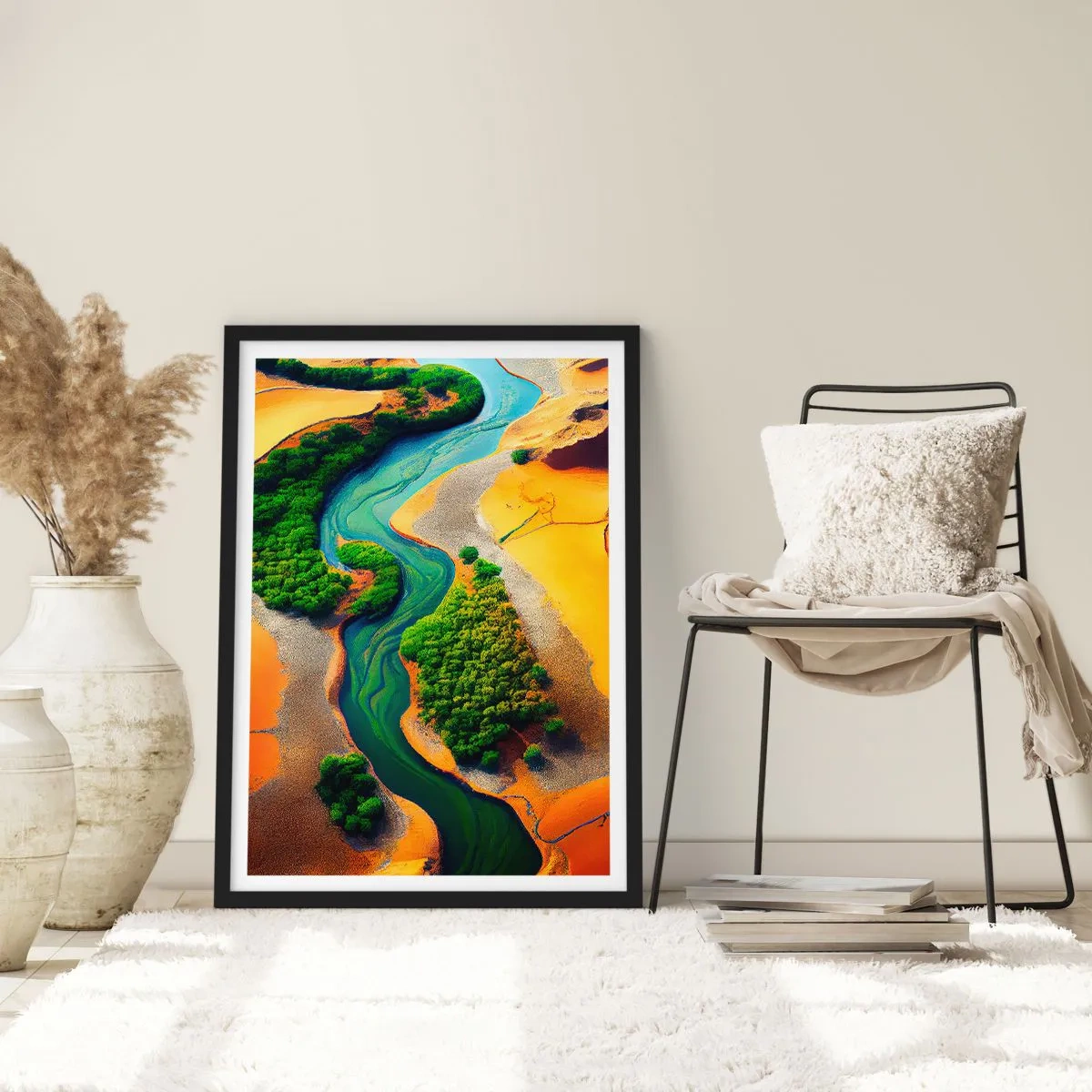 Poster in een zwarte lijst - Een kleurrijk landschap met een kronkelende rivier - 50x70cm - Levengevende rivier - Moderne wanddecoratie voor woonkamer en slaapkamer ARTTOR