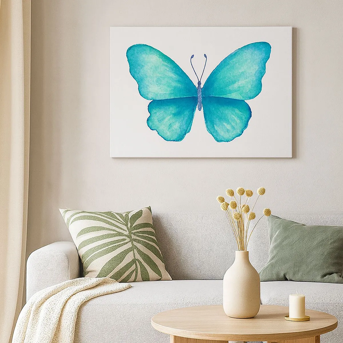 Schilderen op canvas - Blauwe vlinder in aquarelstijl op witte achtergrond - 70x50cm - Turkoois van nature - Moderne wanddecoratie voor woonkamer en slaapkamer ARTTOR