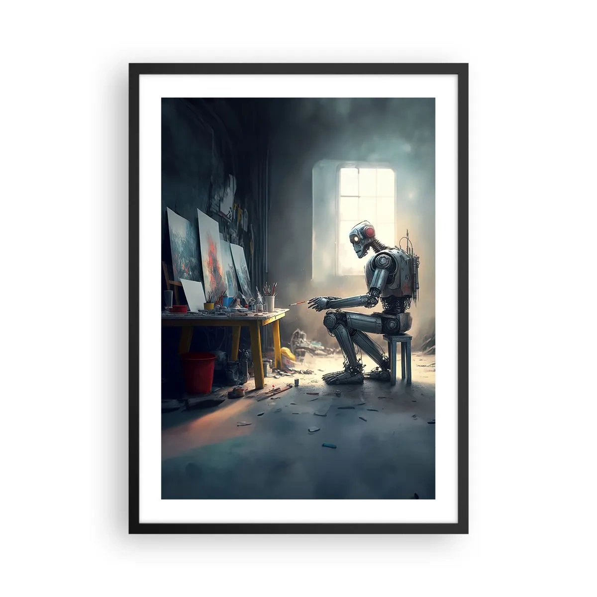 Poster in een zwarte lijst - Robotkunstenaar schildert schilderijen in zijn atelier - 50x70cm - De scheppingsdaad - Moderne wanddecoratie voor woonkamer en slaapkamer ARTTOR