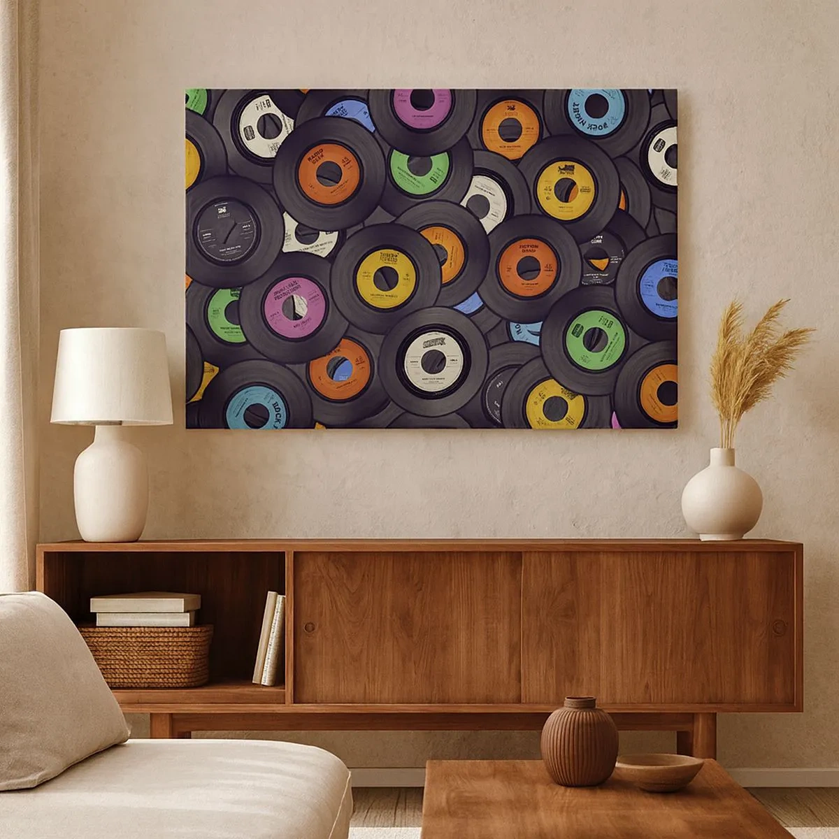 Schilderen op canvas - Kleurrijke vinyls op elkaar gestapeld - 70x50cm - De kleuren van de klassiekers - Moderne wanddecoratie voor woonkamer en slaapkamer ARTTOR
