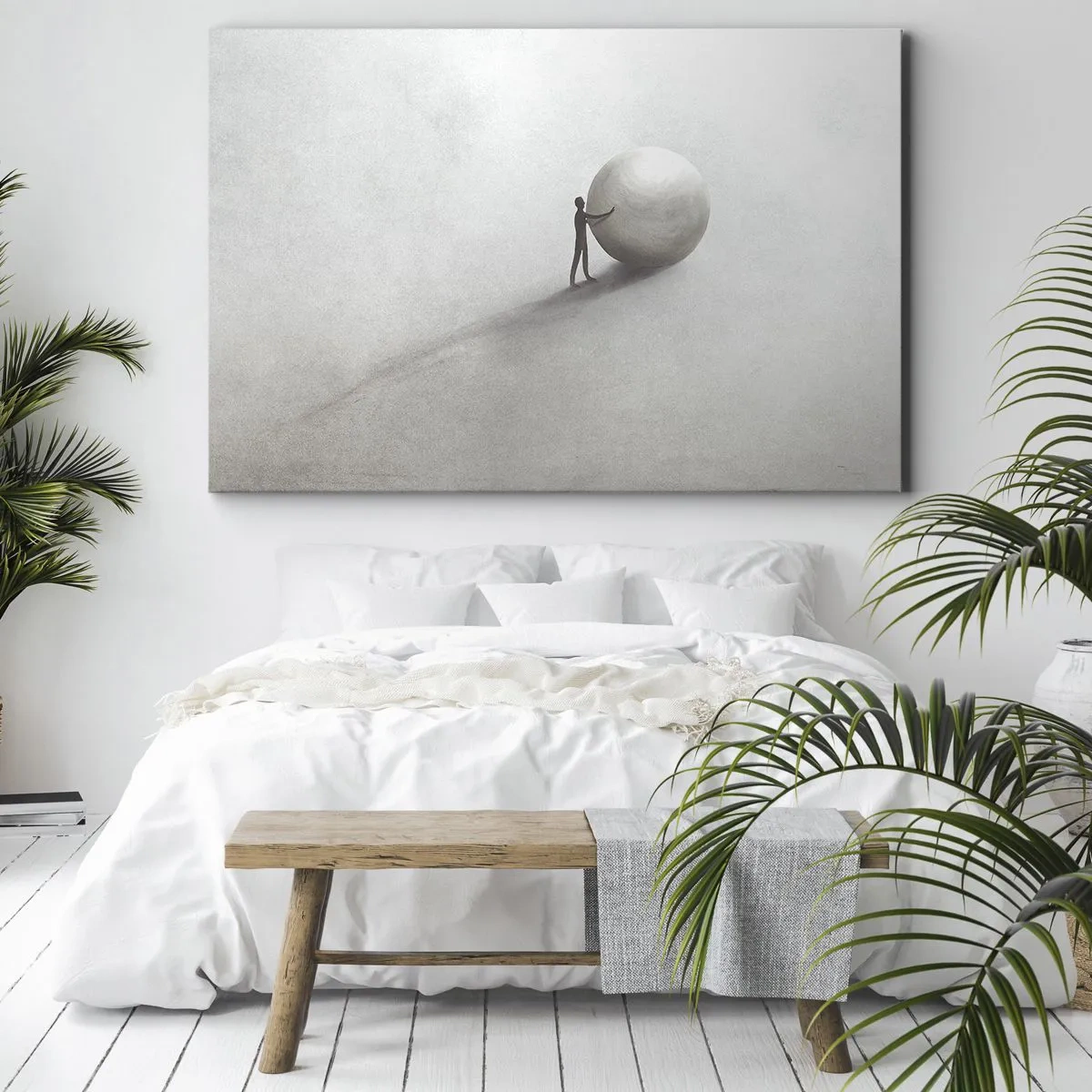 Schilderen op canvas - Een minimalistisch figuur met een bal op een lichte, monochrome achtergrond. - 70x50cm - Het spel van het leven - Moderne wanddecoratie voor woonkamer en slaapkamer ARTTOR