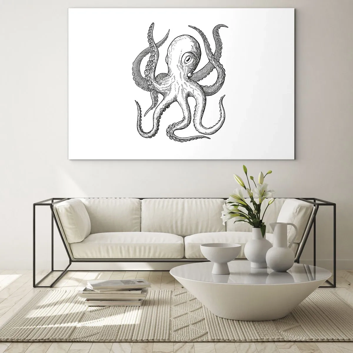 Schilderen op glas - Zwart-wit tekening van een octopus op een witte achtergrond - 70x50cm - Dansend met de golven - Moderne wanddecoratie voor woonkamer en slaapkamer ARTTOR