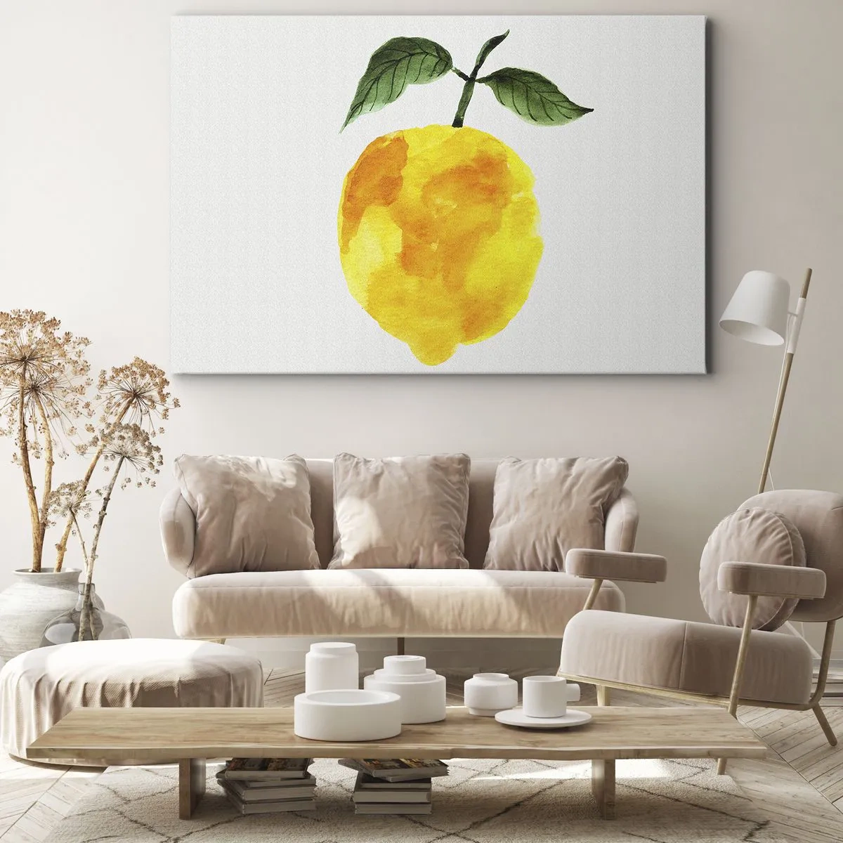 Schilderen op canvas - Aquarel citroen met groene bladeren op een lichte achtergrond - 70x50cm - Hoe proef je de zon? - Moderne wanddecoratie voor woonkamer en slaapkamer ARTTOR