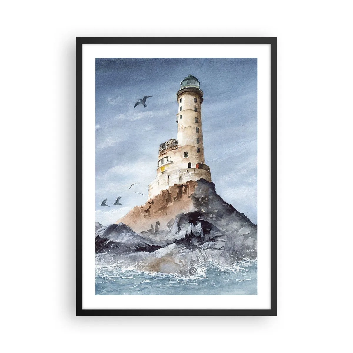 Poster in een zwarte lijst - Een aquarel van een vuurtoren op een rotsachtige kust - 50x70cm - Onoverwinnelijk - Moderne wanddecoratie voor woonkamer en slaapkamer ARTTOR