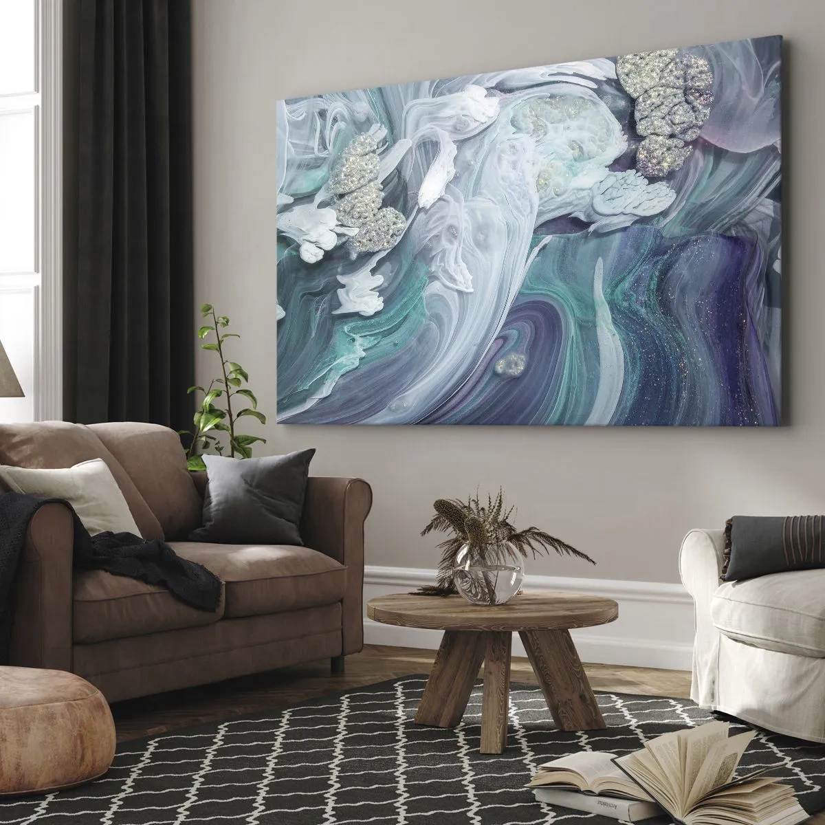Schilderen op canvas - Abstracte wervelingen in tinten blauw en wit - 70x50cm - Stromingen van hemelsblauw - Moderne wanddecoratie voor woonkamer en slaapkamer ARTTOR
