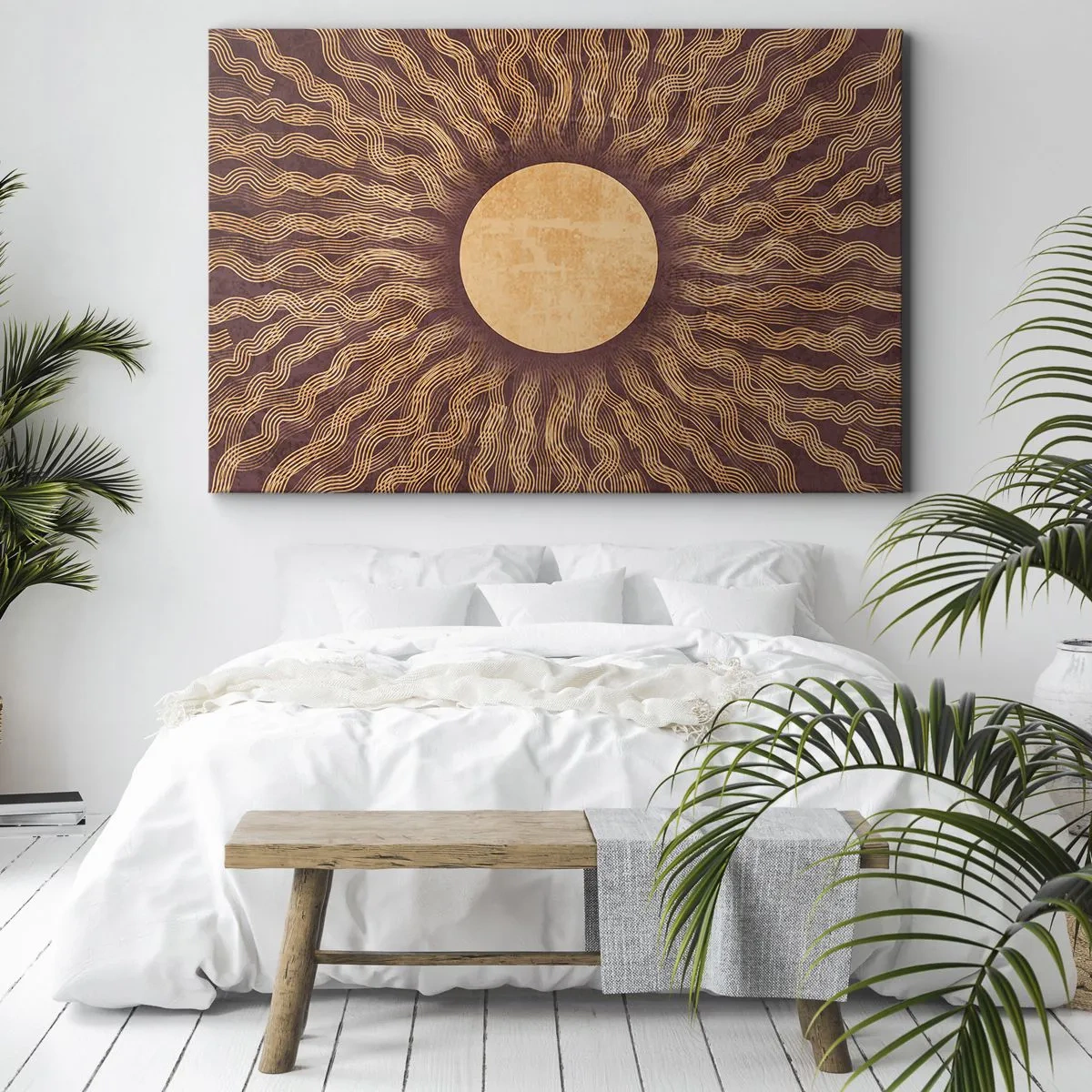 Schilderen op canvas - Zonnig patroon met stralen op een achtergrond in tinten bruin - 70x50cm - Zon icoon - Moderne wanddecoratie voor woonkamer en slaapkamer ARTTOR