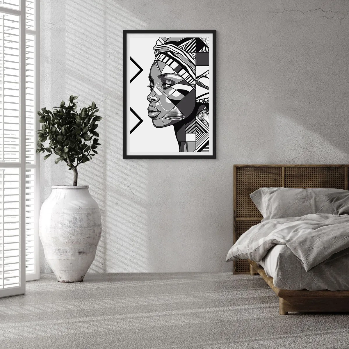 Poster in een zwarte lijst - Geometrisch portret van een vrouw in zwart-wit - 50x70cm - Etnisch portret - Moderne wanddecoratie voor woonkamer en slaapkamer ARTTOR