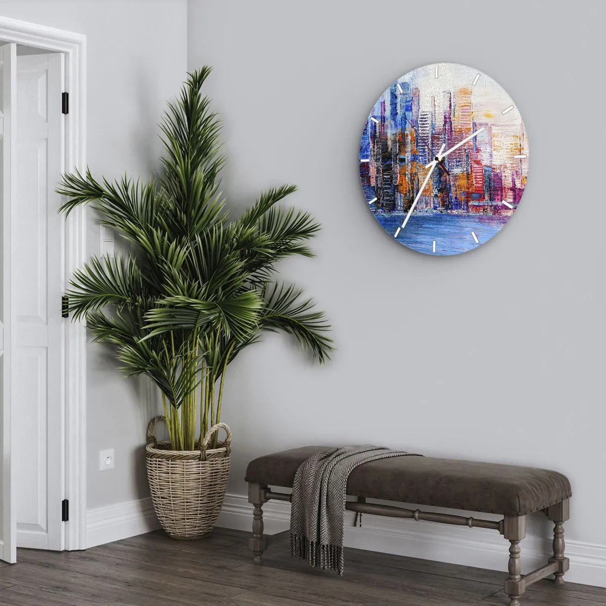 Wandklok - Klok - Kleurrijke wolkenkrabbers boven het water in een expressieve, schilderachtige stijl - 30x30cm - Een vrolijke metropool - Moderne wanddecoratie voor woonkamer, keuken en slaapkamer ARTTOR