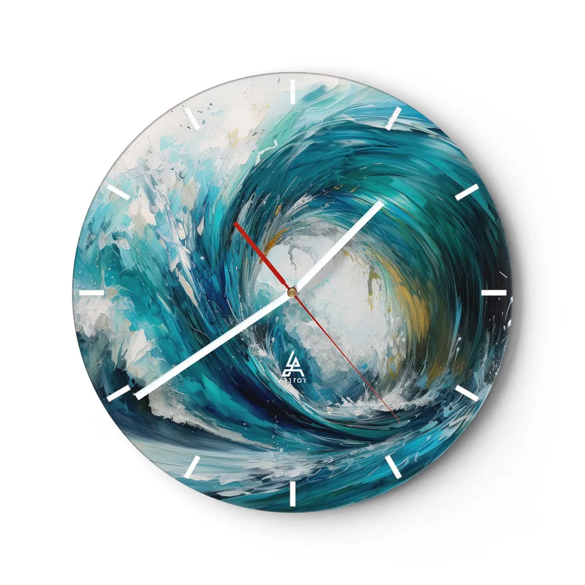 Wandklok - Klok - Een dynamische zeegolf die in turquoise kleuren wervelt - 30x30cm - Zeeportaal - Moderne wanddecoratie voor woonkamer, keuken en slaapkamer ARTTOR