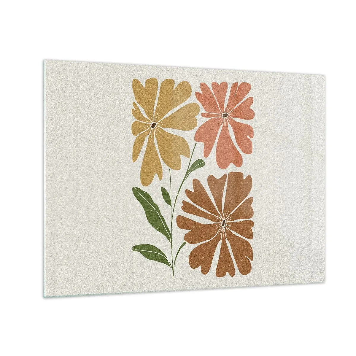 Schilderen op glas - Drie gestileerde bloemen in warme kleuren op een lichte achtergrond - 70x50cm - Natuur en geometrie - Moderne wanddecoratie voor woonkamer en slaapkamer ARTTOR