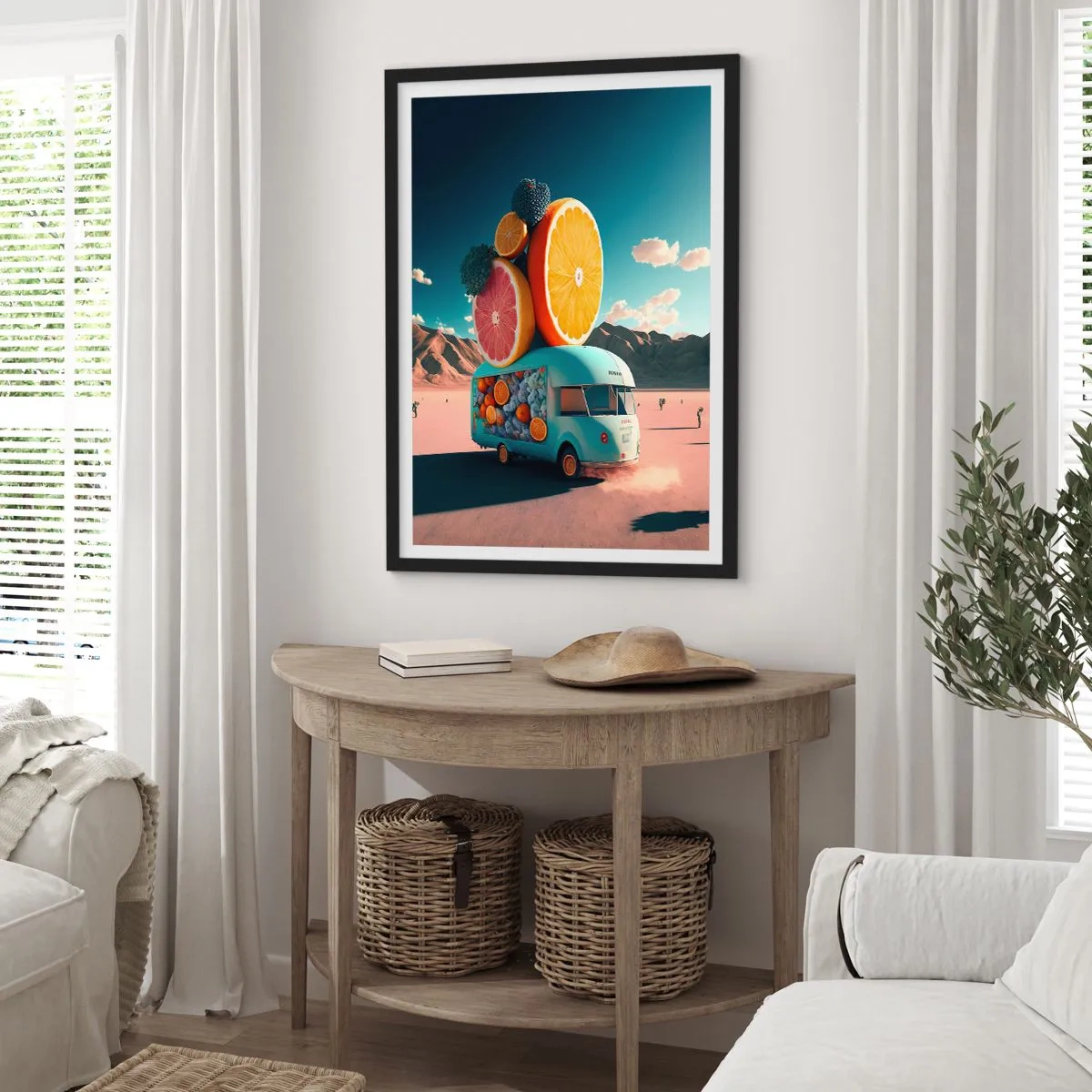 Poster in een zwarte lijst - Luxe fruitwagen in de woestijn - 50x70cm - De smaak van vakantie - Moderne wanddecoratie voor woonkamer en slaapkamer ARTTOR