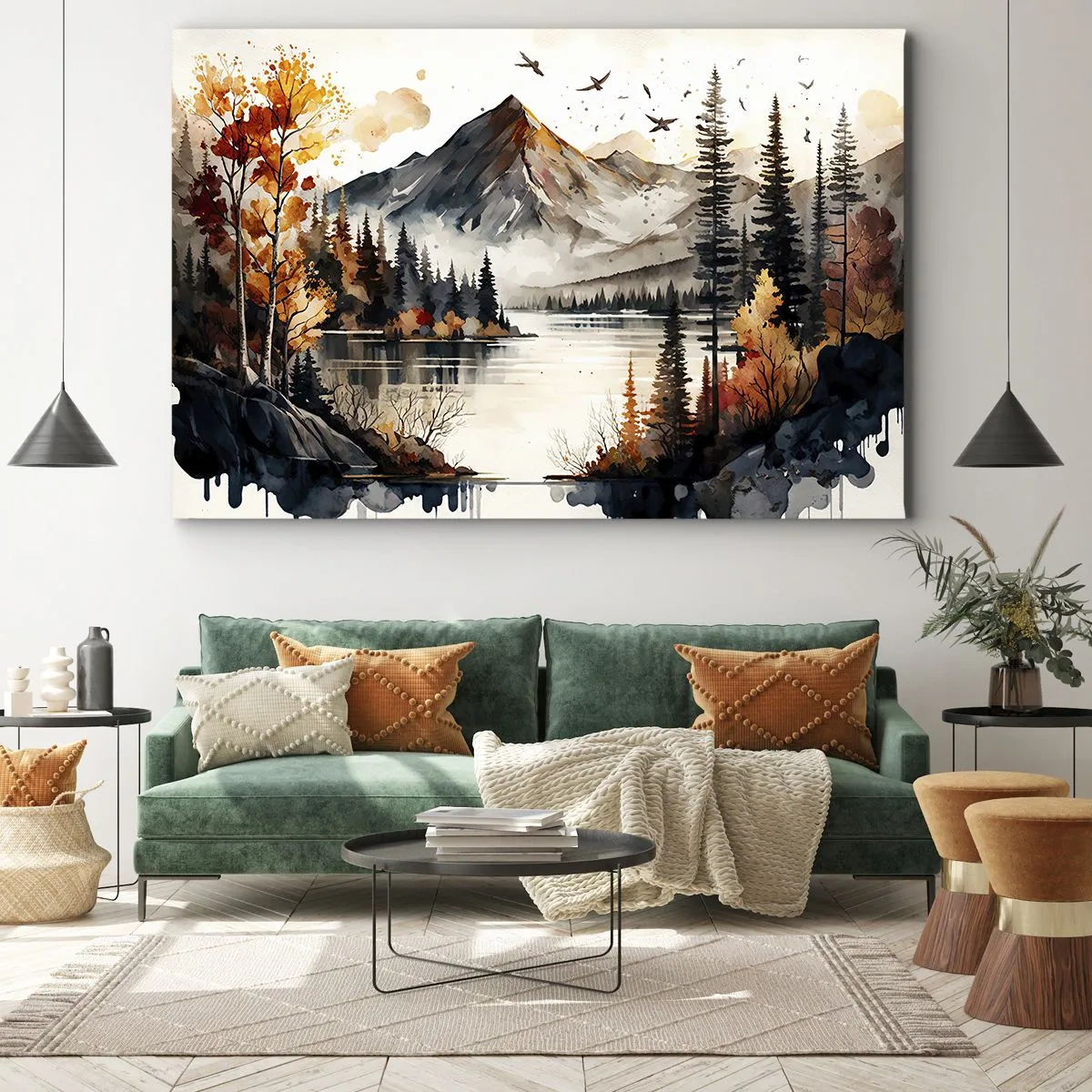 Schilderen op canvas - Herfstberglandschap met een meer en bomen in aquarel - 70x50cm - Gouden herfst in de bergen - Moderne wanddecoratie voor woonkamer en slaapkamer ARTTOR