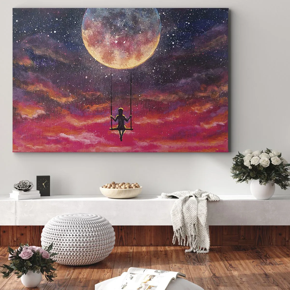 Schilderen op canvas - Een figuur op een schommel die tegen de maan hangt - 70x50cm - Droom - Moderne wanddecoratie voor woonkamer en slaapkamer ARTTOR