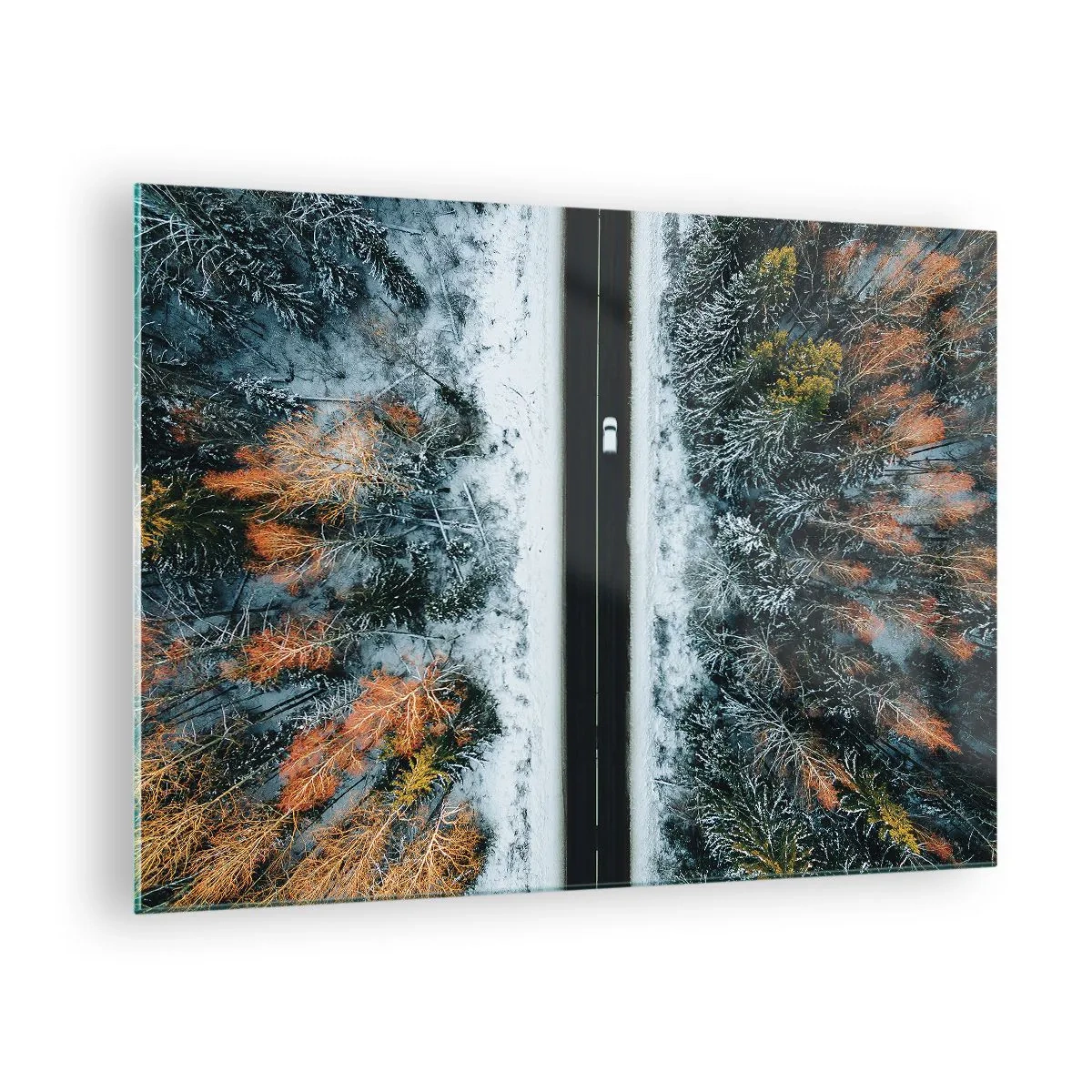 Schilderen op glas - Een winterweg door een besneeuwd bos met kleurrijke bomen - 70x50cm - Snijd door het winterbos - Moderne wanddecoratie voor woonkamer en slaapkamer ARTTOR