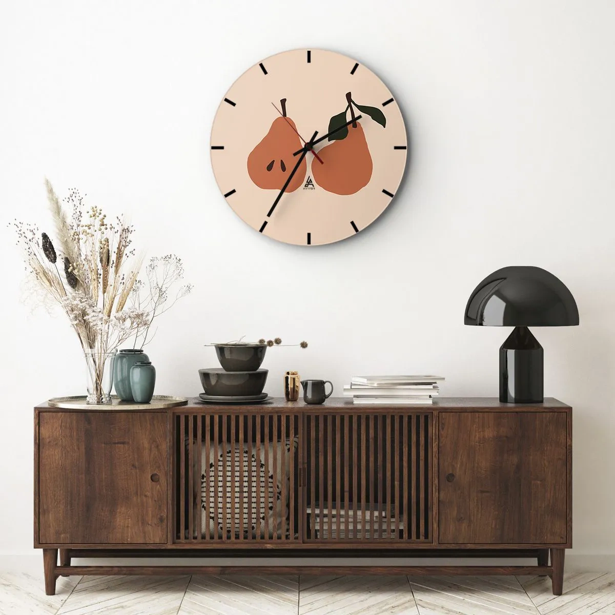 Wandklok - Klok - Twee peren in warme kleuren op een beige achtergrond - 30x30cm - Zoetheid zelf - Moderne wanddecoratie voor woonkamer, keuken en slaapkamer ARTTOR